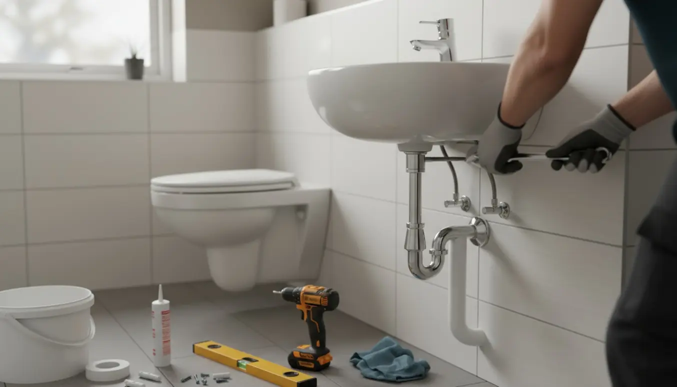 Installation af en lille væghængt håndvask i et lille toilet med håndværkerhænder og værktøj.