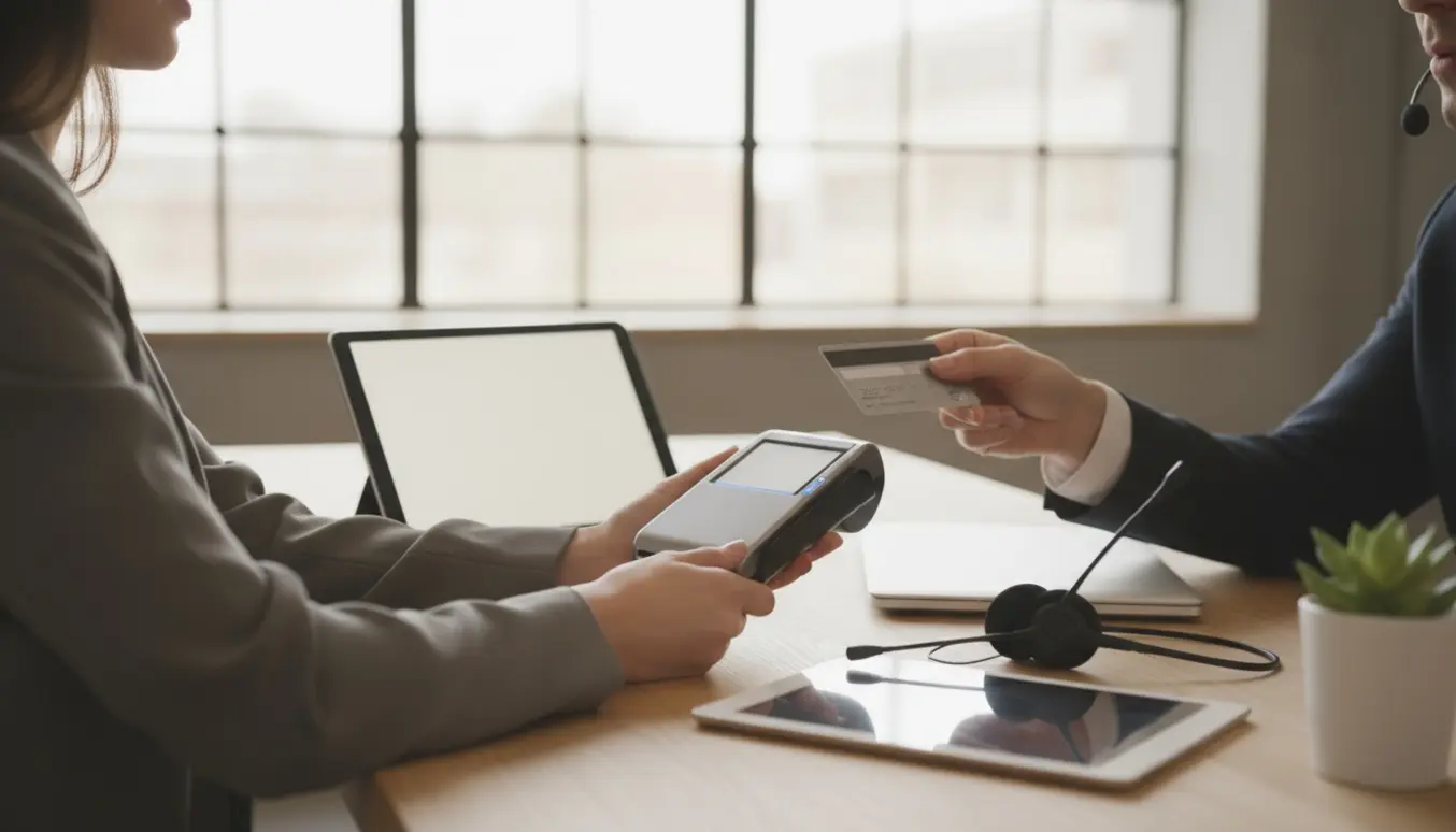 Nærbillede af hænder, der betaler med kort ved et moderne kundeservice-skranke uden synlige ansigter.