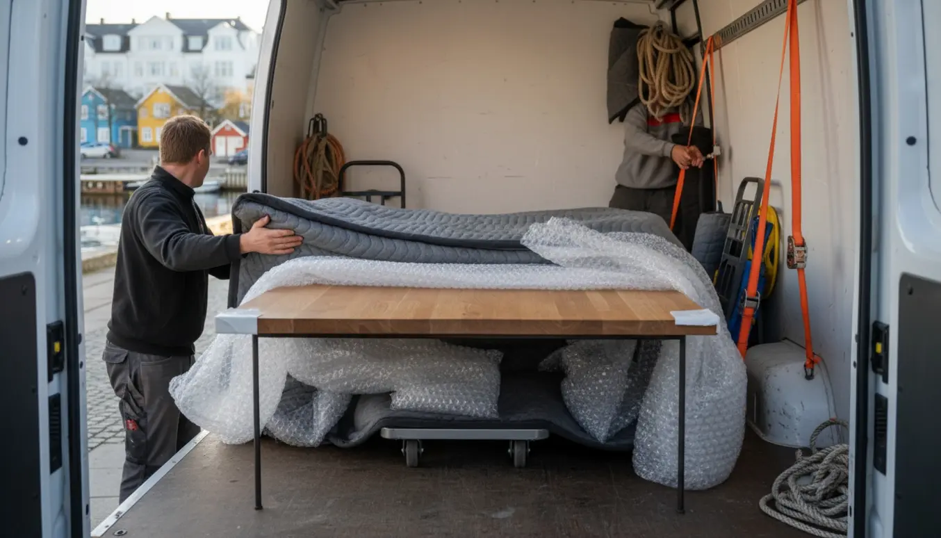 Sofabord pakket og sikret i en flyttebil på en lys, dansk villavej klar til levering.