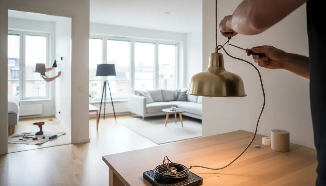 Installatør hænger lamper op i en moderne lejlighed med værktøj og ekstra ledning.