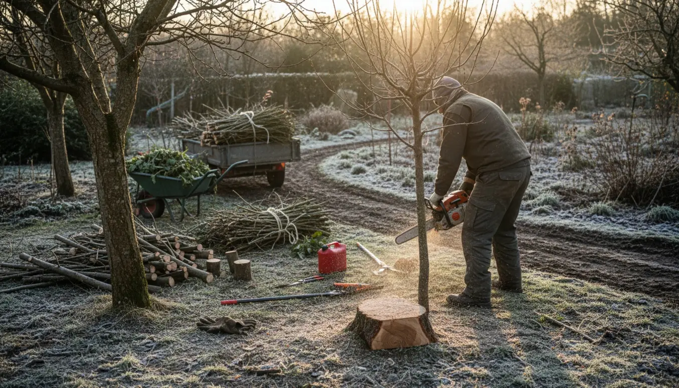 Vinterhave med et lille træ under fældning og skårne grene i en trillebør klar til bortkørsel.