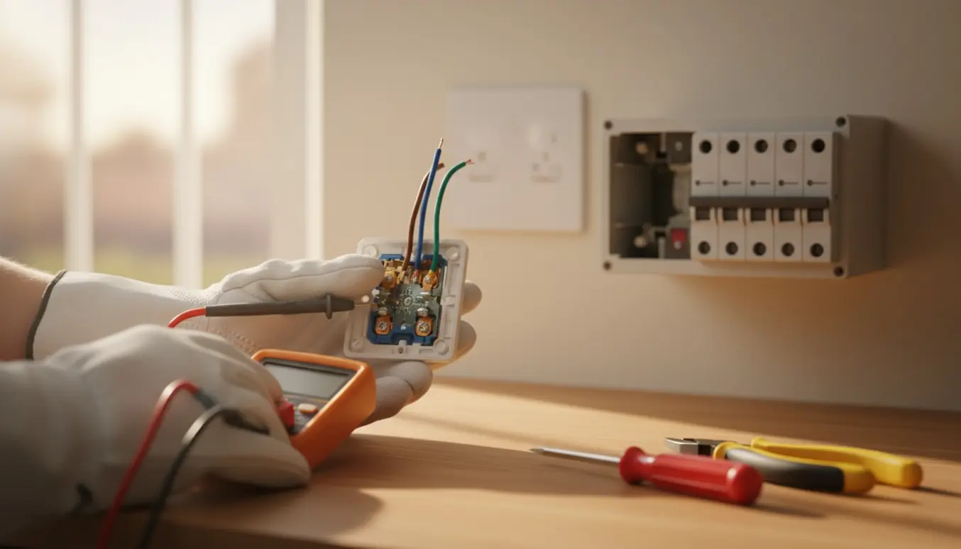 Nærbillede af hænder med isolerede handsker, der tester en åben stikkontakt med multimeter, mens en afbryder i eltavlen er slået fra.