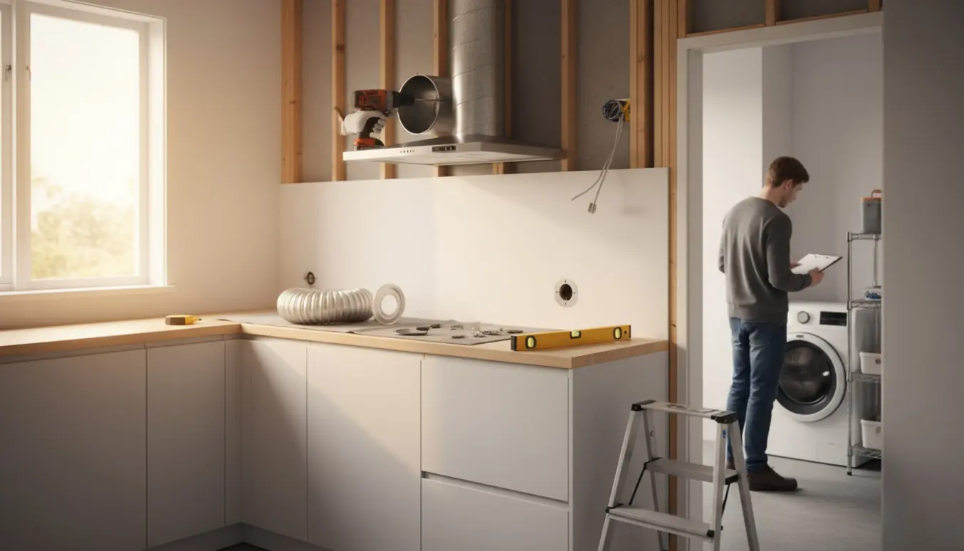 Montering af emhætte i et køkken under renovering med synlig aftrækskanal og værktøj.