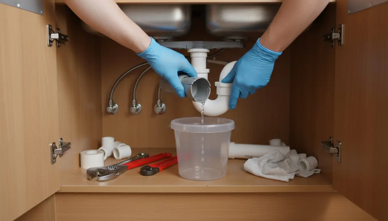 Hænder i handsker udskifter en ødelagt grå vandlås under en køkkenvask med værktøj og en spand til opsamling af vand.