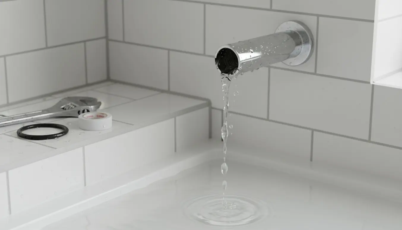Lækende bruserarm med vand, en gummipakning og værktøj på flisekanten.