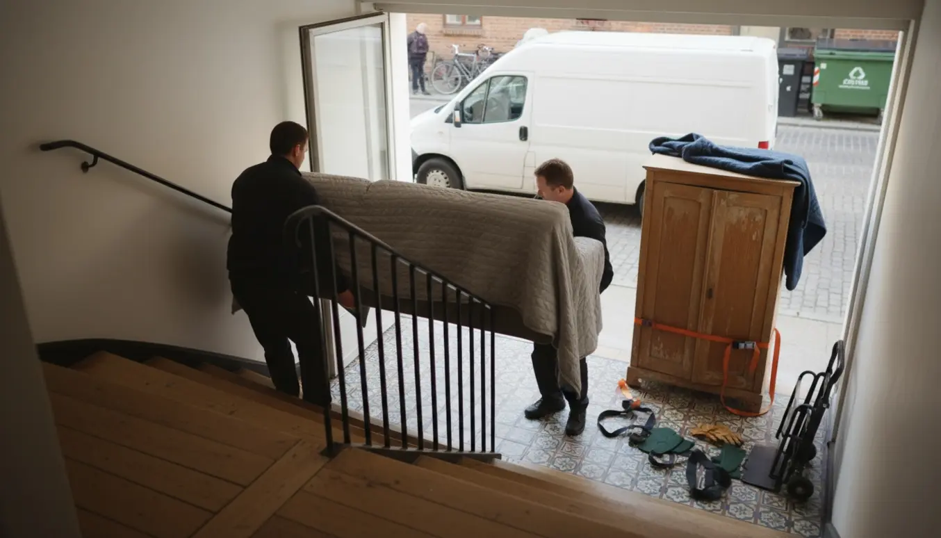 Personer bærer en sofa ned ad en trappe, mens et lille garderobeskab står på en tralle klar til afhentning.