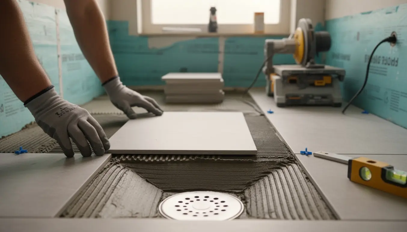 Nærbillede af hænder, der lægger nye gulvfliser i et lille badeværelse med korrekt fald mod gulvafløbet.