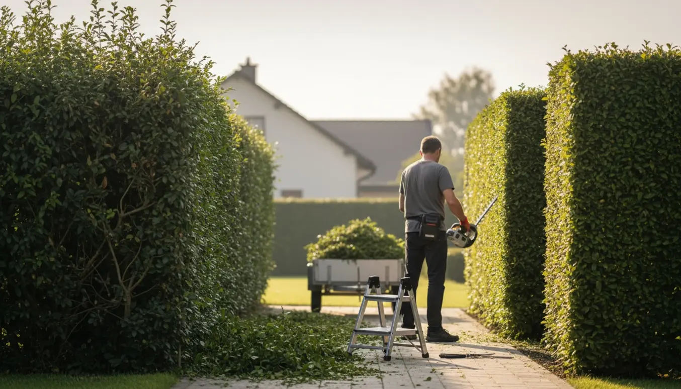 En person trimmer en ligusterhæk med en batteridrevet hækkeklipper, med en trailer til grønt affald i baggrunden.
