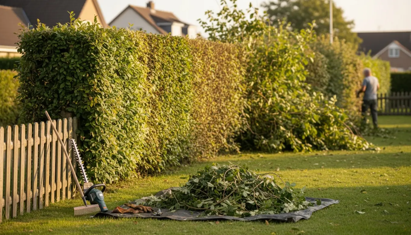 Blandet hæk klippet til cirka 160 cm med en bunke afklippede grene og haveværktøj ved grunden.