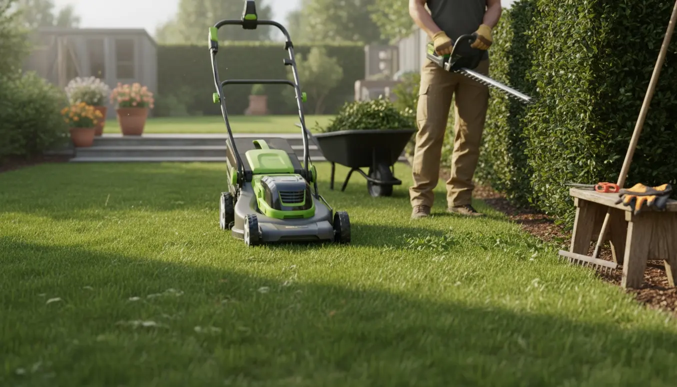 Person set bagfra klipper græs med plæneklipper og trimmer en velplejet hæk i en forstadshave.