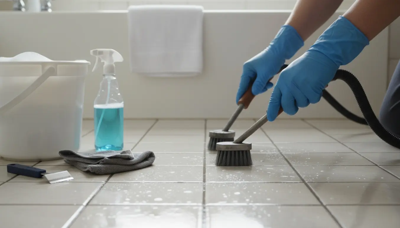 Nærbillede af rengøring af sorte fuger mellem badeværelsesfliser med børste og rengøringsudstyr.