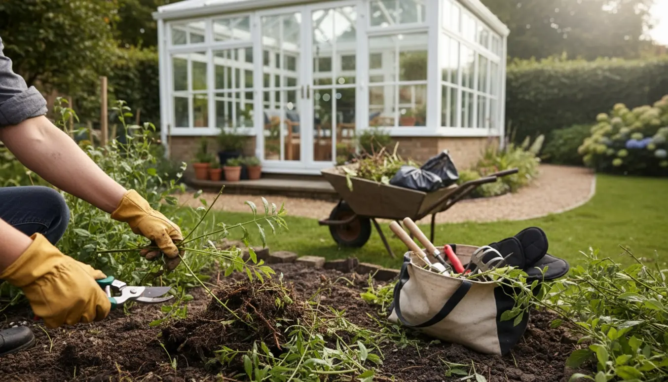 Glashavestue omgivet af tæt ukrudt mens handsker og beskærersaks rydder skud og fylder en trillebør.