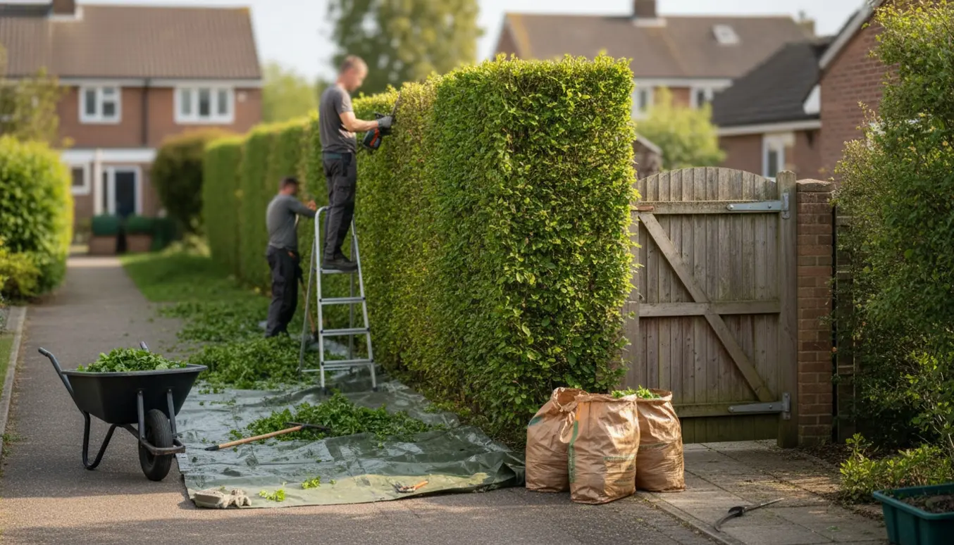 En person klipper en bøgehæk i en lille have, med opsamlede beskæringsrester og affaldssække ved siden af.