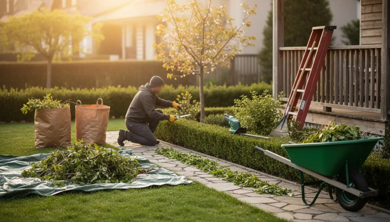 Forhave med nyklippede hække, bunker af grene og haveredskaber klar til bortkørsel.