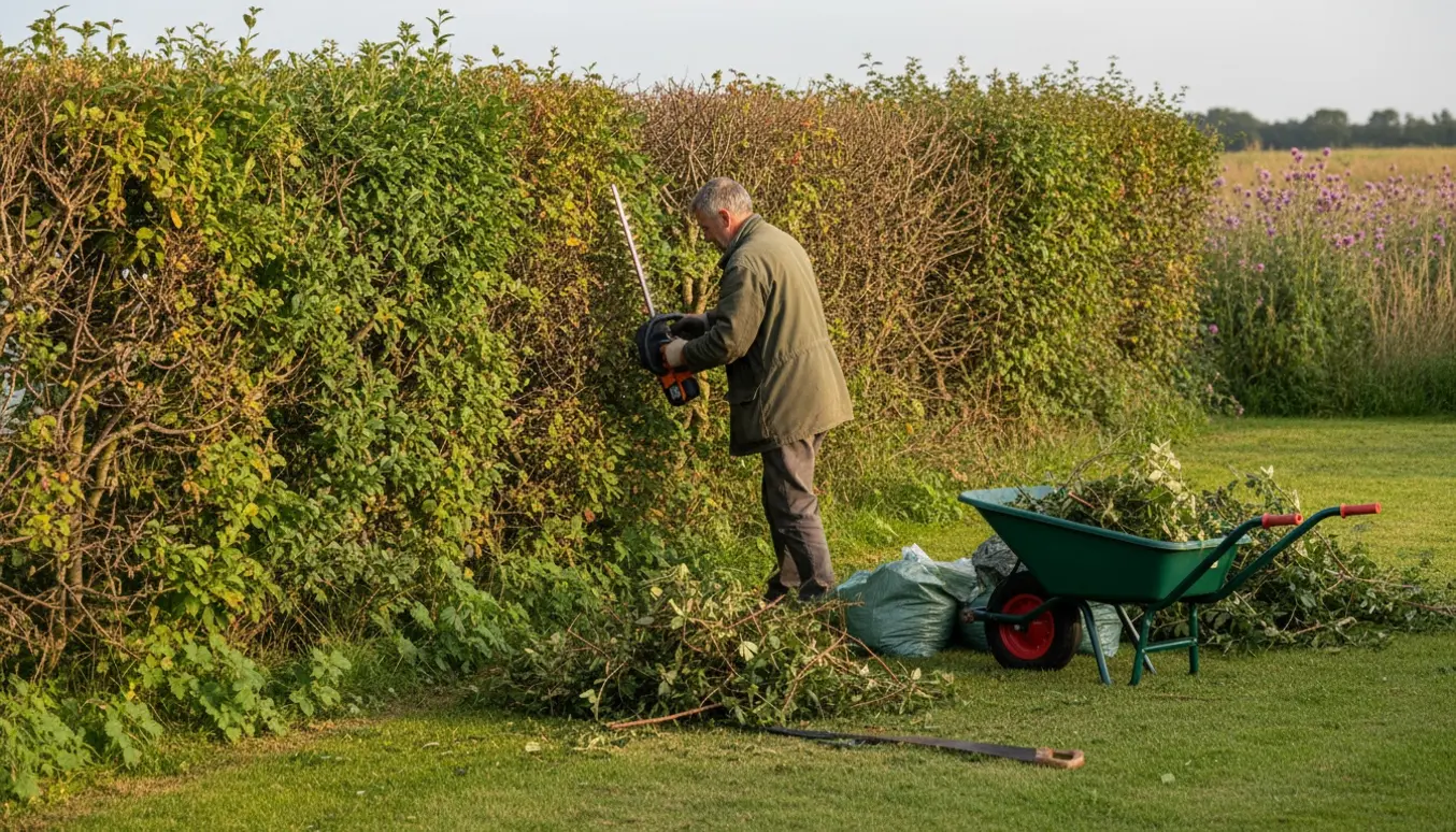 En person klipper blandede hække ved en mark, med afklip samlet i en trillebør.