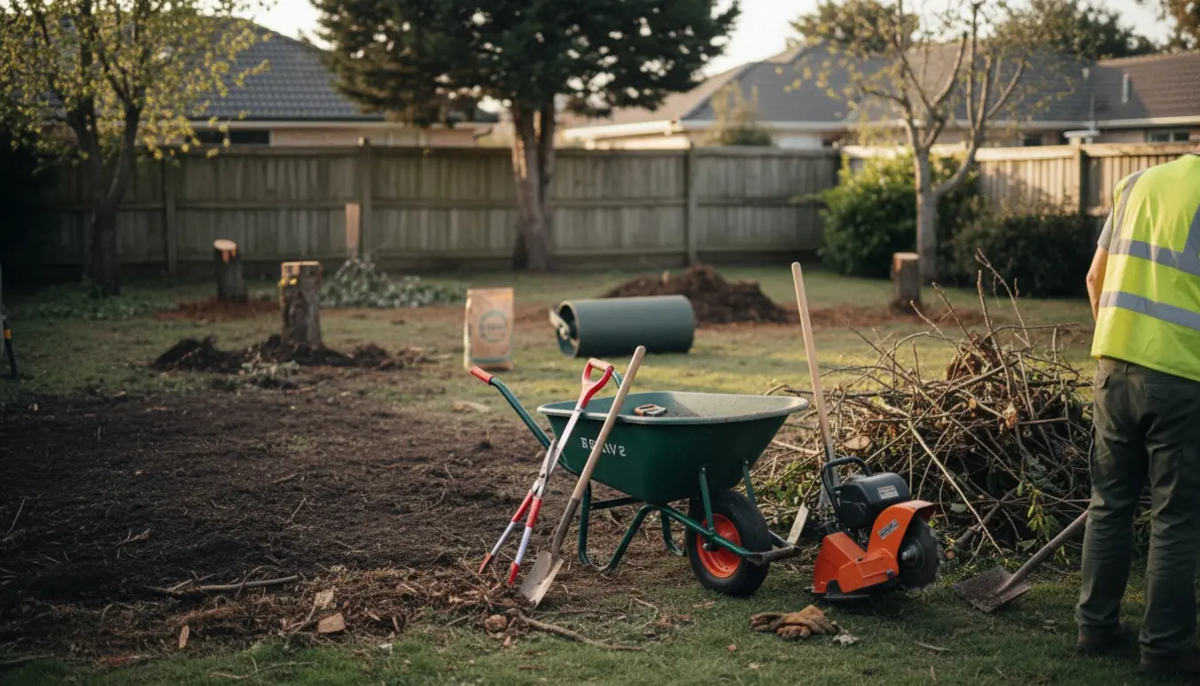 Baghave hvor to kirsebærtræer og tre buske fjernes, med værktøj og nyvendt jord klar til såning af græs.