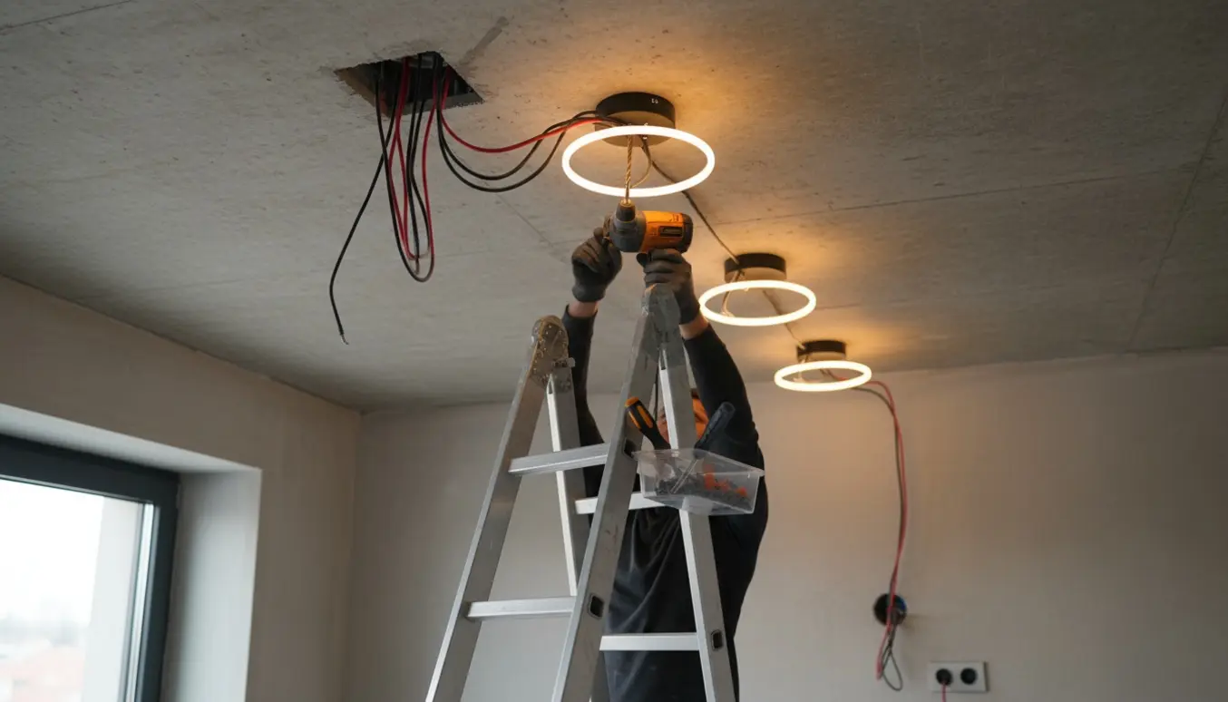 Håndværker monterer fire lamper i betonloft med en høj stige og boremaskine.