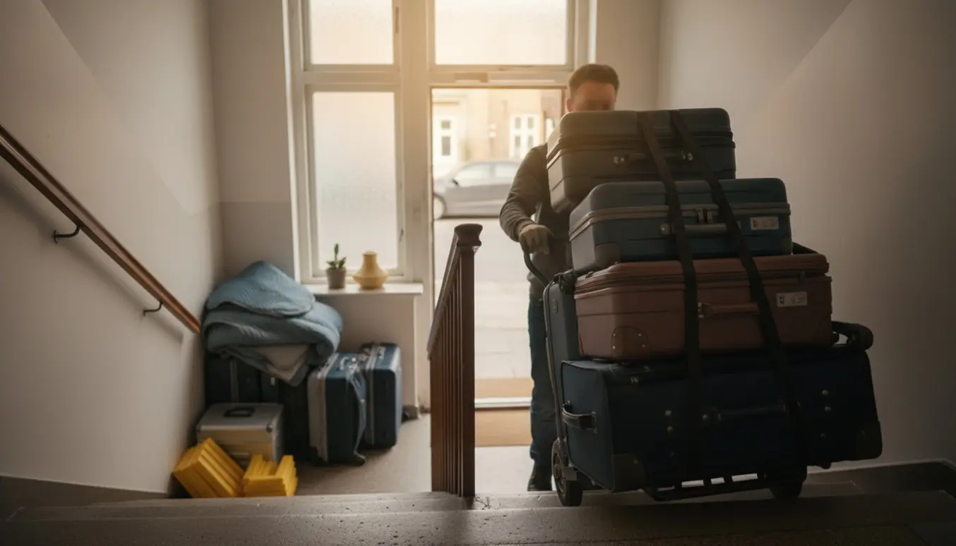 Flyttefolk fører flere kufferter ned ad en opgang til gadeplan, set fra siden.