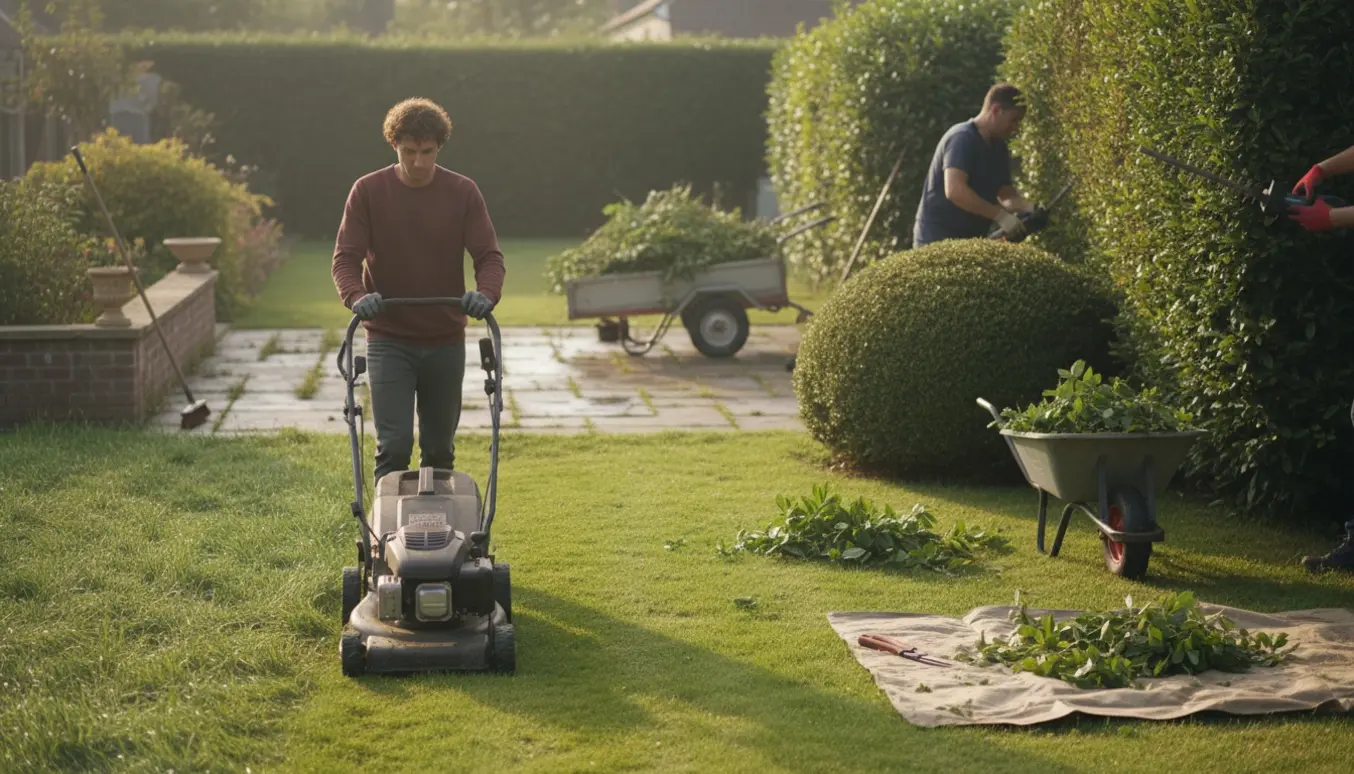Havearbejde med græsslåning, hæk- og buskbeskæring, fjernelse af ukrudt fra fliser og opsamling af haveaffald.