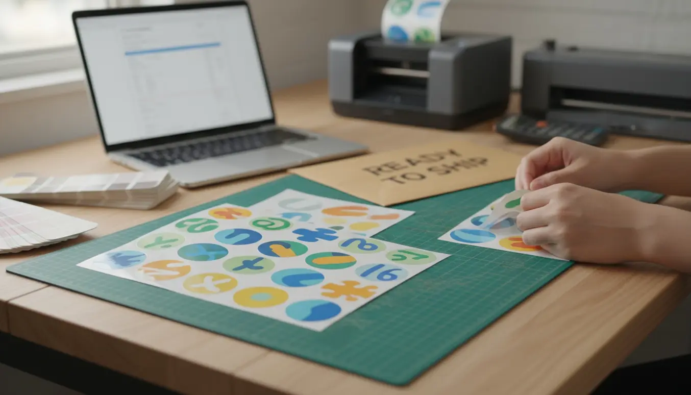 Nærbillede af en arbejdsplads med trykte klistermærker, hænder, en printer og emballage klar til afsendelse.