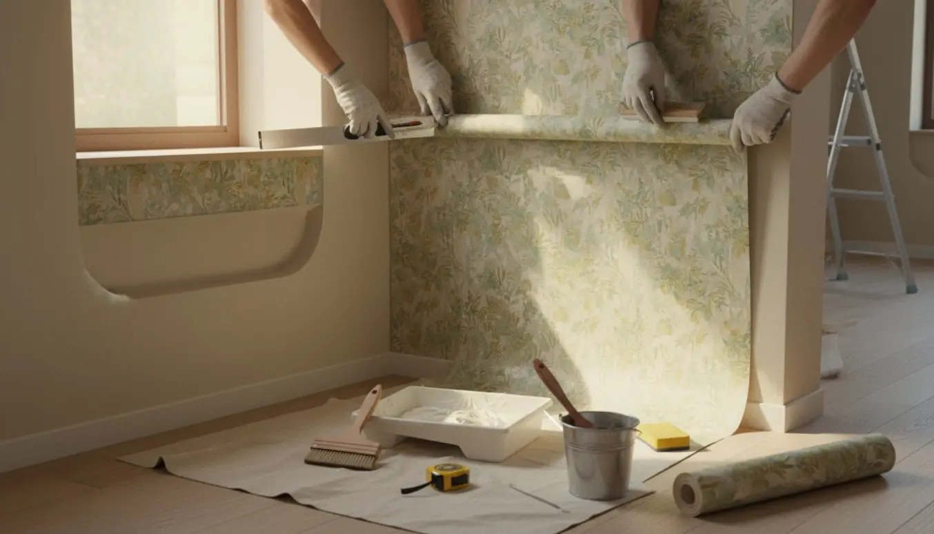 Nærbillede af tapetsering af en væg med vindue og indhak, hvor hænder tilpasser og glatter mønstret.