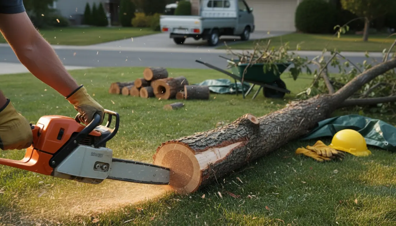 Faldet blomme træ på græsplæne, motorsav skærer stammen i skiver klar til bortskaffelse.