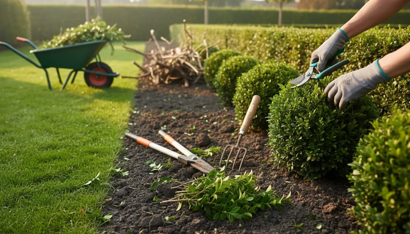 Rydning og beskæring af bed og hæk med trillebør fyldt med afklip i en solrig have.