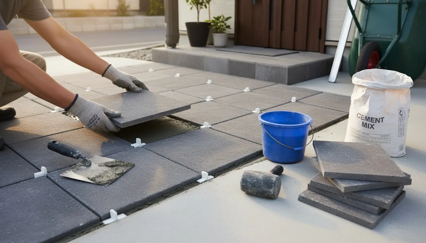 Hænder placerer nye fliser ved husets indgang med værktøj og materialer ved siden af.