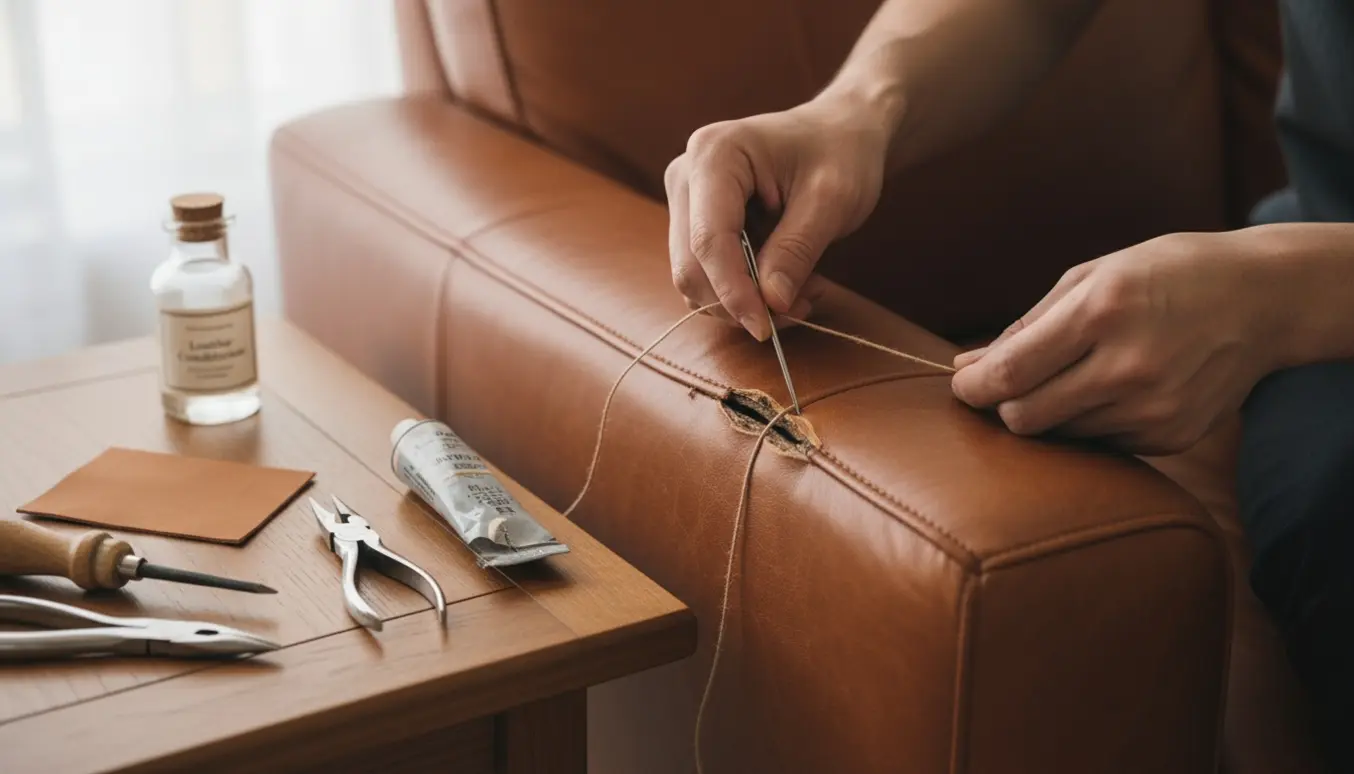 Nærbillede af hænder, der syr en åben syning i en brun lædersofa med syredskaber ved siden af.