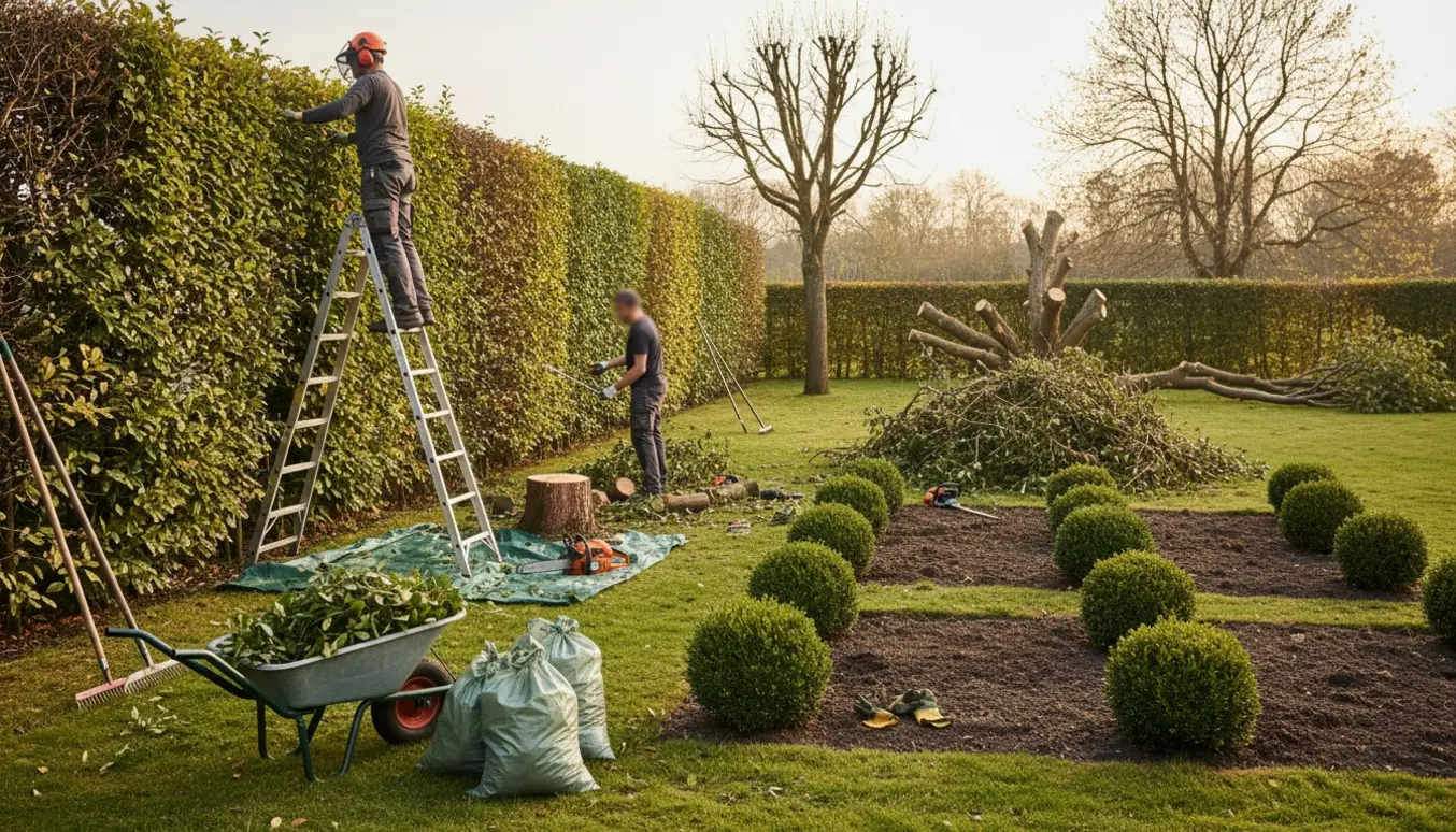Havearbejde med hækklipning, beskårne bede, træstub og samlet grønt affald.