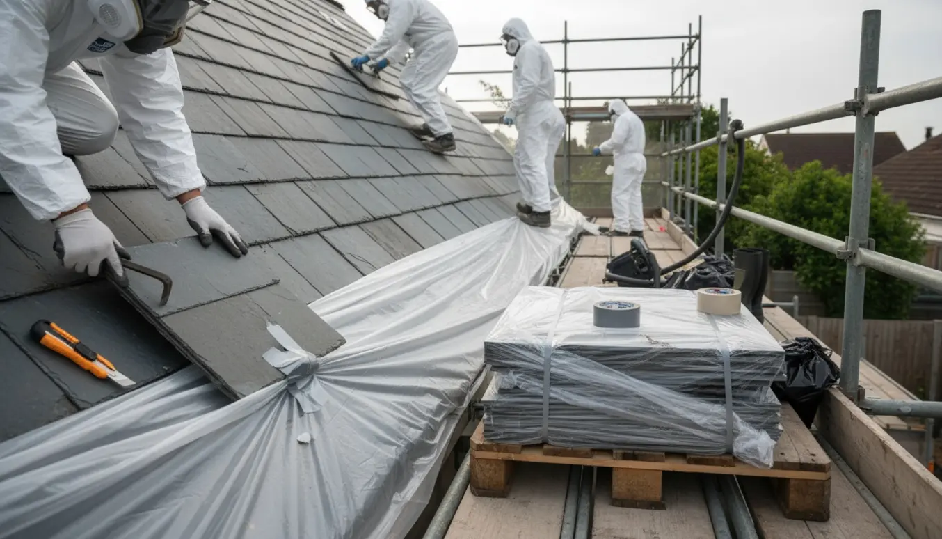 Arbejdere i beskyttelsesdragter fjerner og pakker skifer eternittag i plastik og stabler det på paller ved stillads.