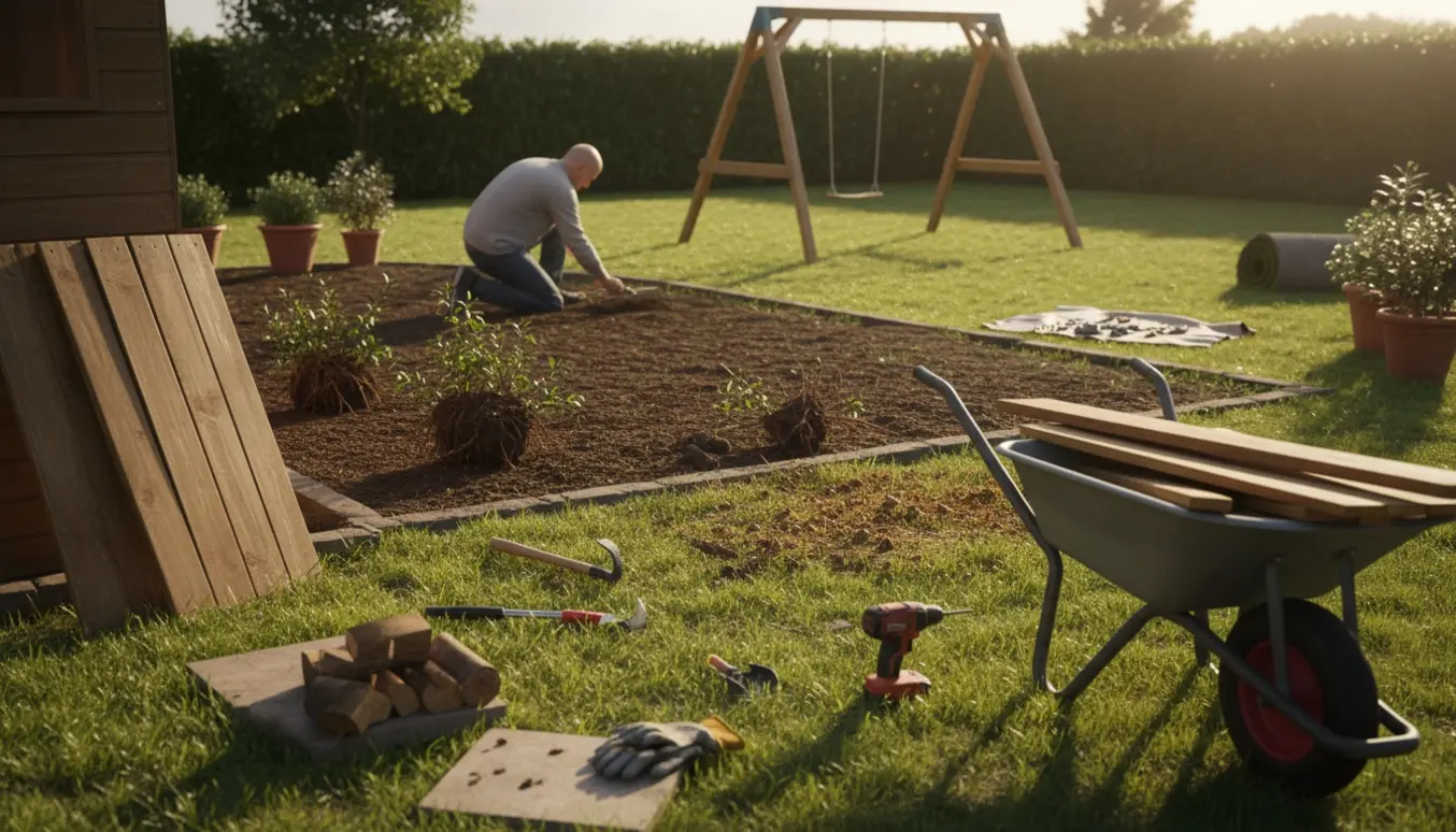 Nedrevet skur og oprydning i have med nysået jord og delvist opsat gyngestativ.