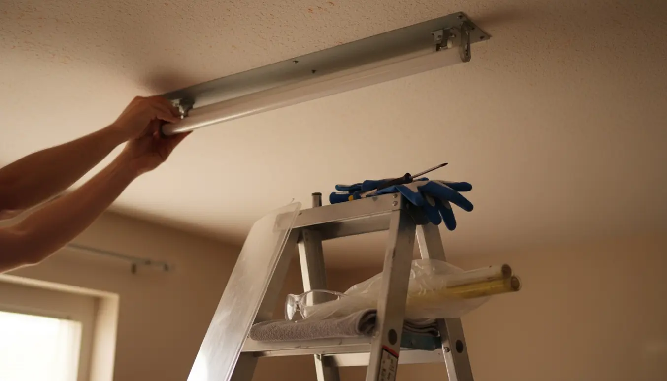 Hænder skifter et lysstofrør i en loftslampe med afdækket armatur og værktøj på en stige.