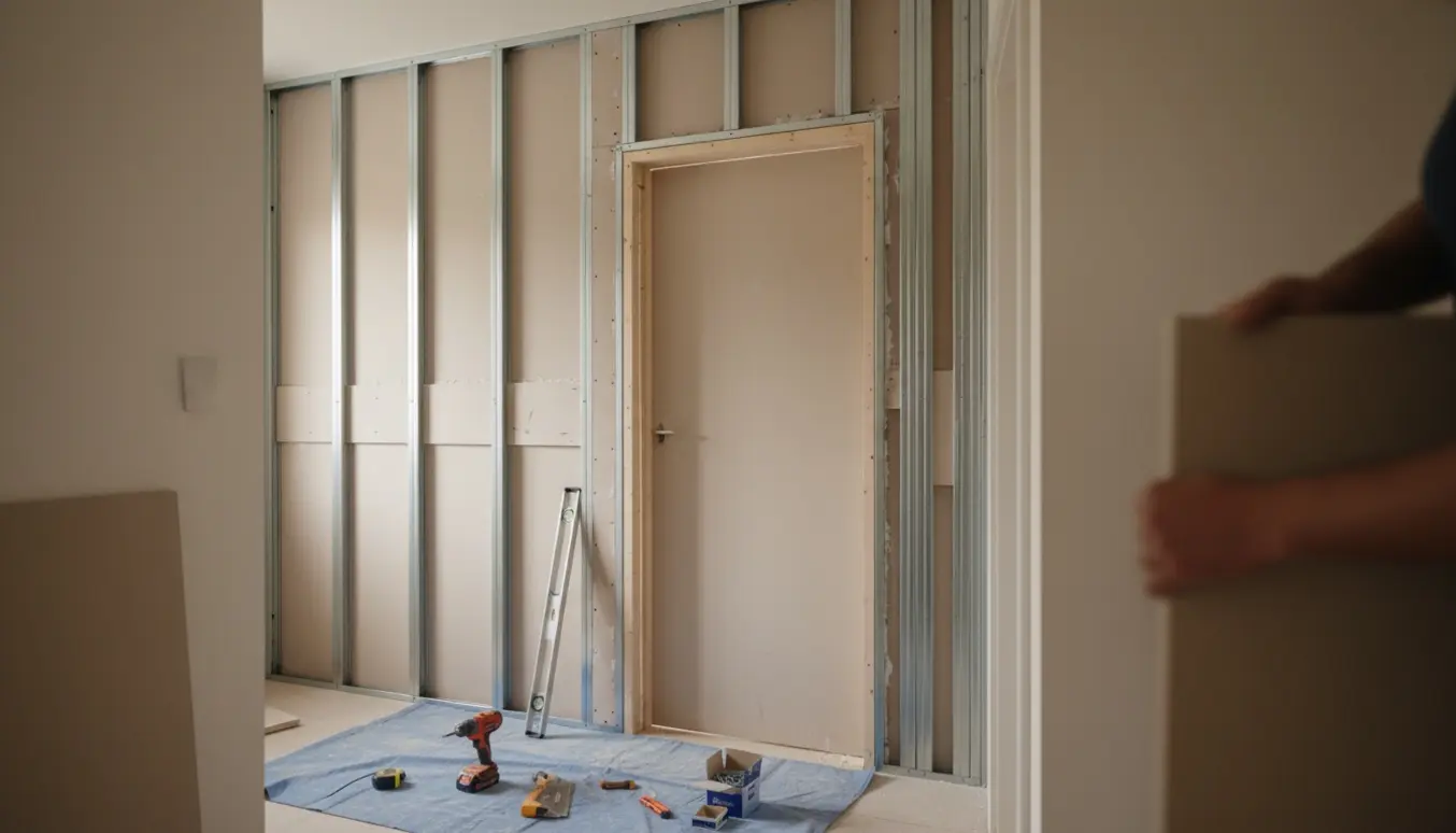 Delvist opsat gips-skillevæg med rå dørkarm og værktøj i en lys gang.