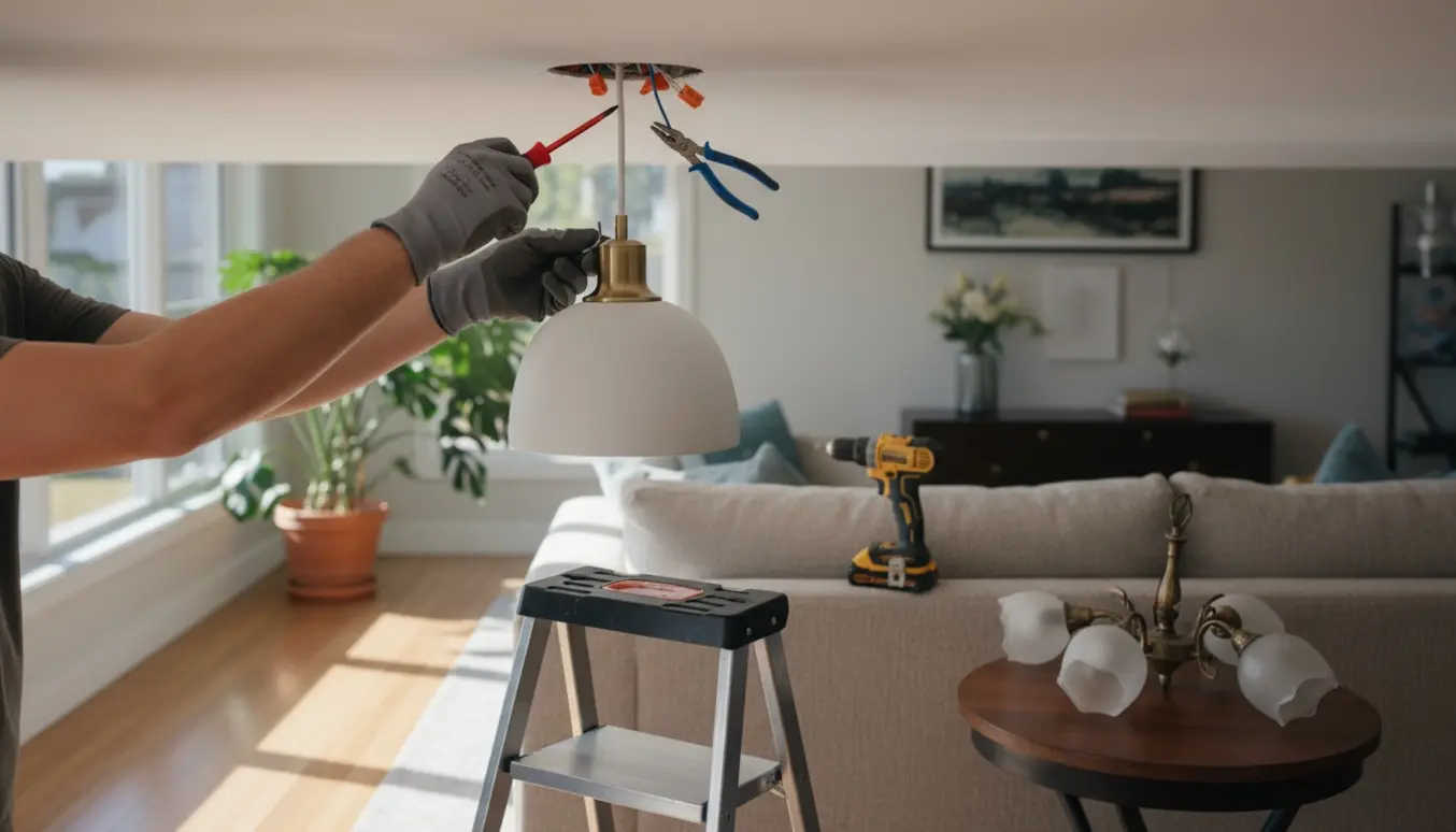 Hænder monterer en ny loftlampe i stuen på en lille stige med værktøj og den gamle lampe lagt til side.