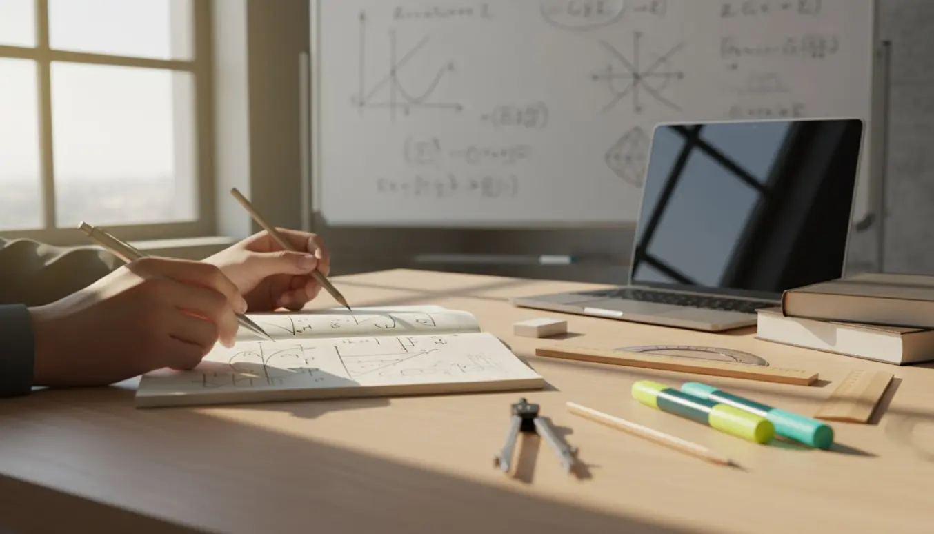 Hænder peger på skitserede grafer og studieværktøj på et skrivebord under forberedelse til Mat A-eksamen.