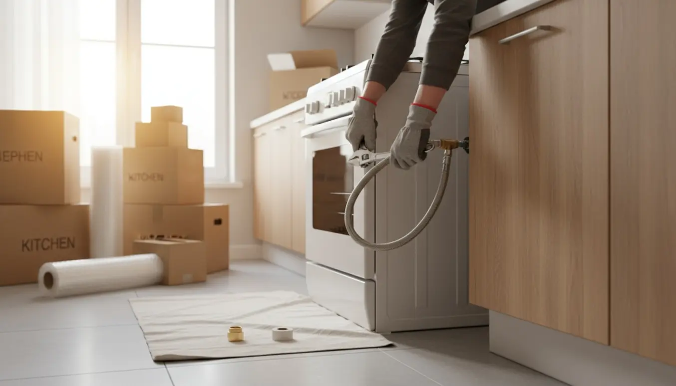 Person frakobler en gaskomfur i et køkken med flyttekasser, handsker og skruenøgle.