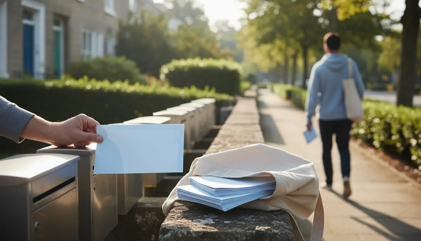 Hænder fører flyers ind i postkasser i et roligt boligområde på en solrig morgen.