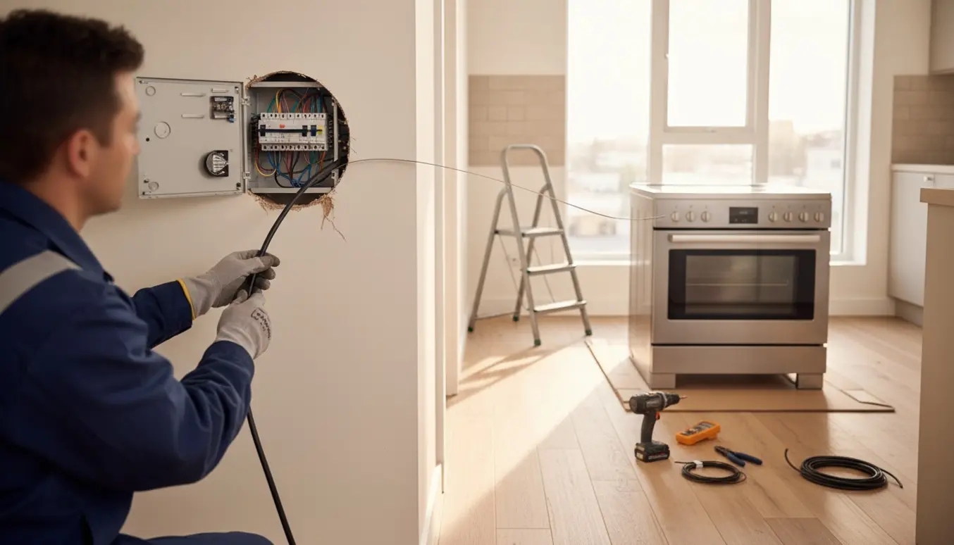 Autoriseret elektriker trækker elkabel fra eltavle gennem væg ind til køkken for at installere nyt induktionskomfur.