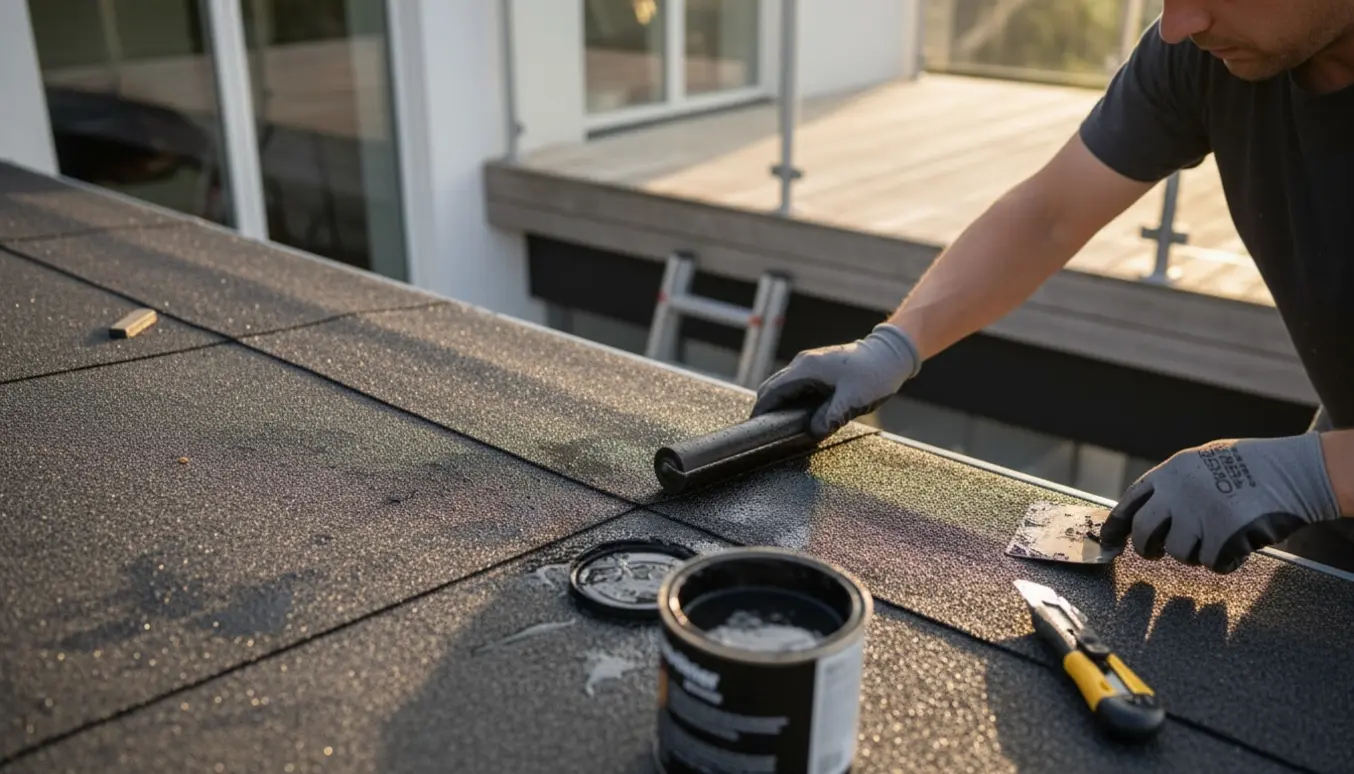 Nærbillede af hånd, der lapper en lille utæthed i tagpap ved samlingen mellem tag og terrassetag.