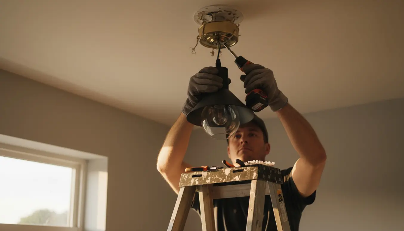 Hænder på en stige installerer en ny loftlampe, mens den gamle lampe er taget ned.