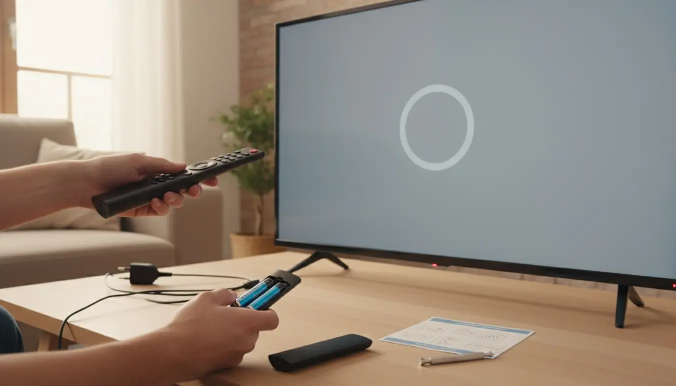 Nærbillede af hænder, der peger med en fjernbetjening mod et tændt tv, mens batterier udskiftes.