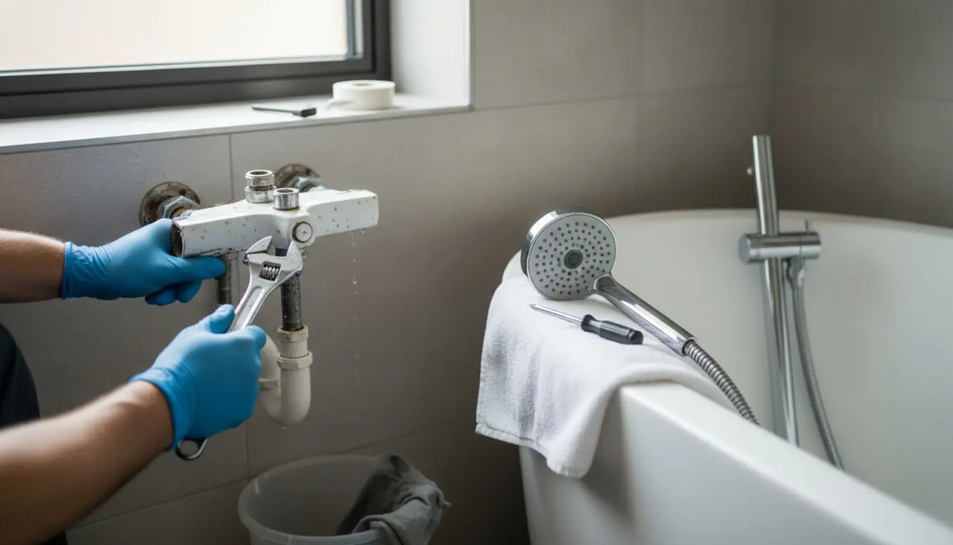 Nærbillede af hænder, der udskifter et gammelt vægmonteret Danida blandingsbatteri med et nyt krom Hansgrohe brusesæt.
