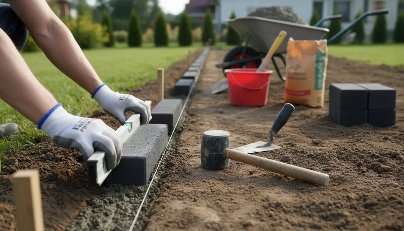 Nærbillede af lægning af koksfarvede betonkantsten på forberedt jord med mørtel, vaterpas og gummihammer.