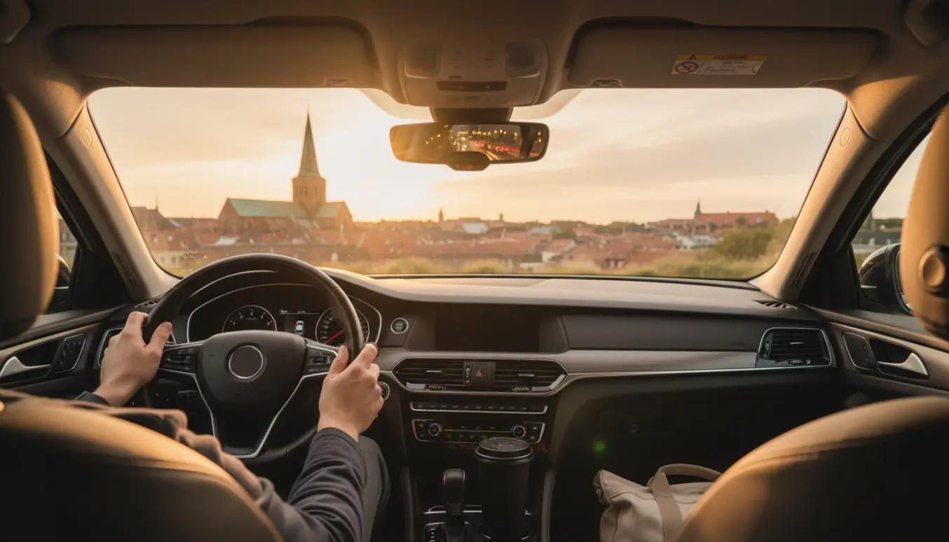 Udsigt fra en bil med hænder på rattet mod Roskilde Domkirke i aftengry, med spejling af byens nattelys.