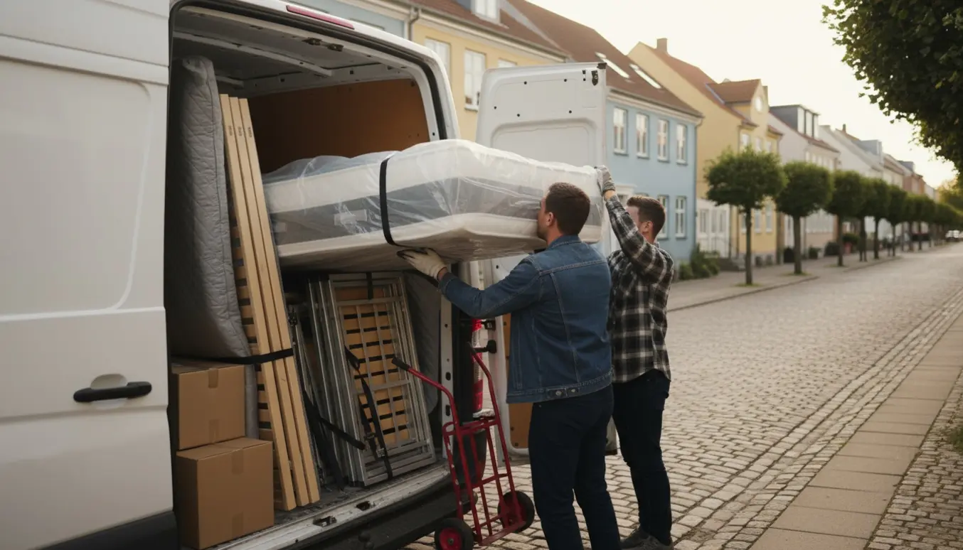 To personer læsser en adskilt seng og madras ind i en varevogn på en rolig dansk villavej.