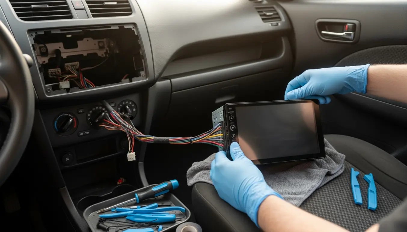 Hænder installerer en moderne Bluetooth-radio i instrumentbrættet på en Suzuki Swift 2006.