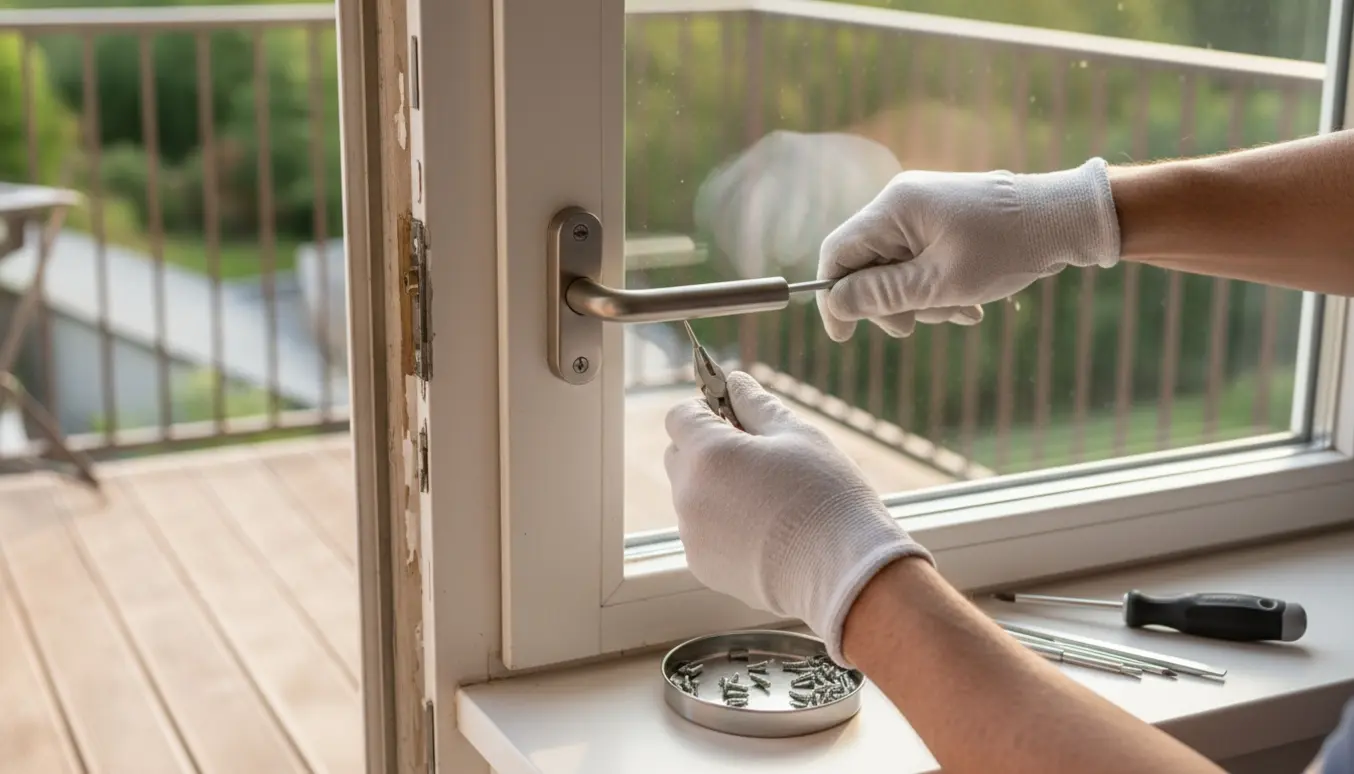 Nærbillede af hænder, der reparerer et ødelagt håndtag på en altandør med skruer og værktøj på vindueskarmen.
