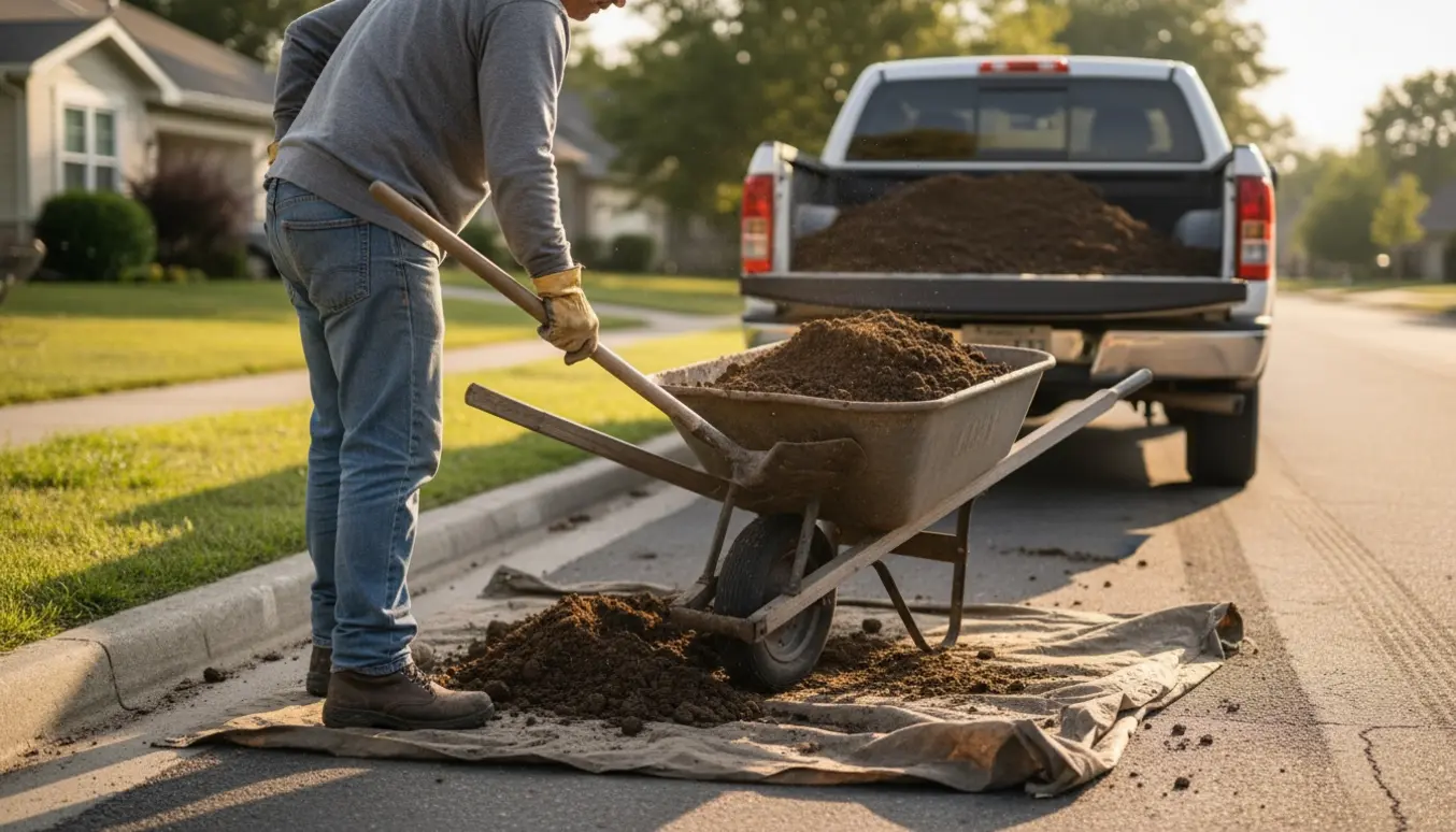 En lastbil ved vejkanten læsser muldjord, mens en arbejdshånd skovler jord i en trillebør.