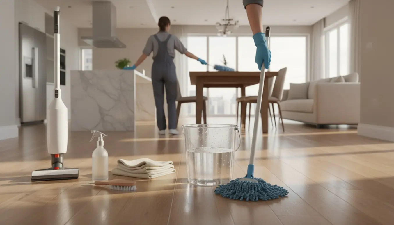 Professionel hovedrengøring i et lyst, åbent hjem med rengøringsudstyr i forgrunden.